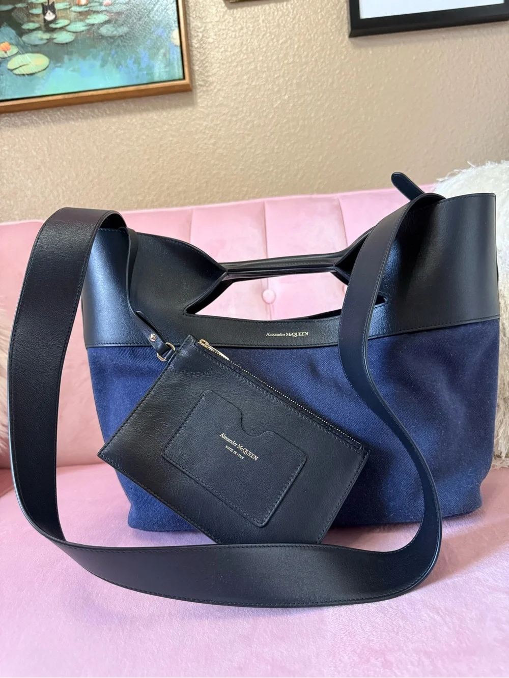 💯Auth! Alexander McQueen “The Bow Bag” Denim w Black Leather Trim & Interior.